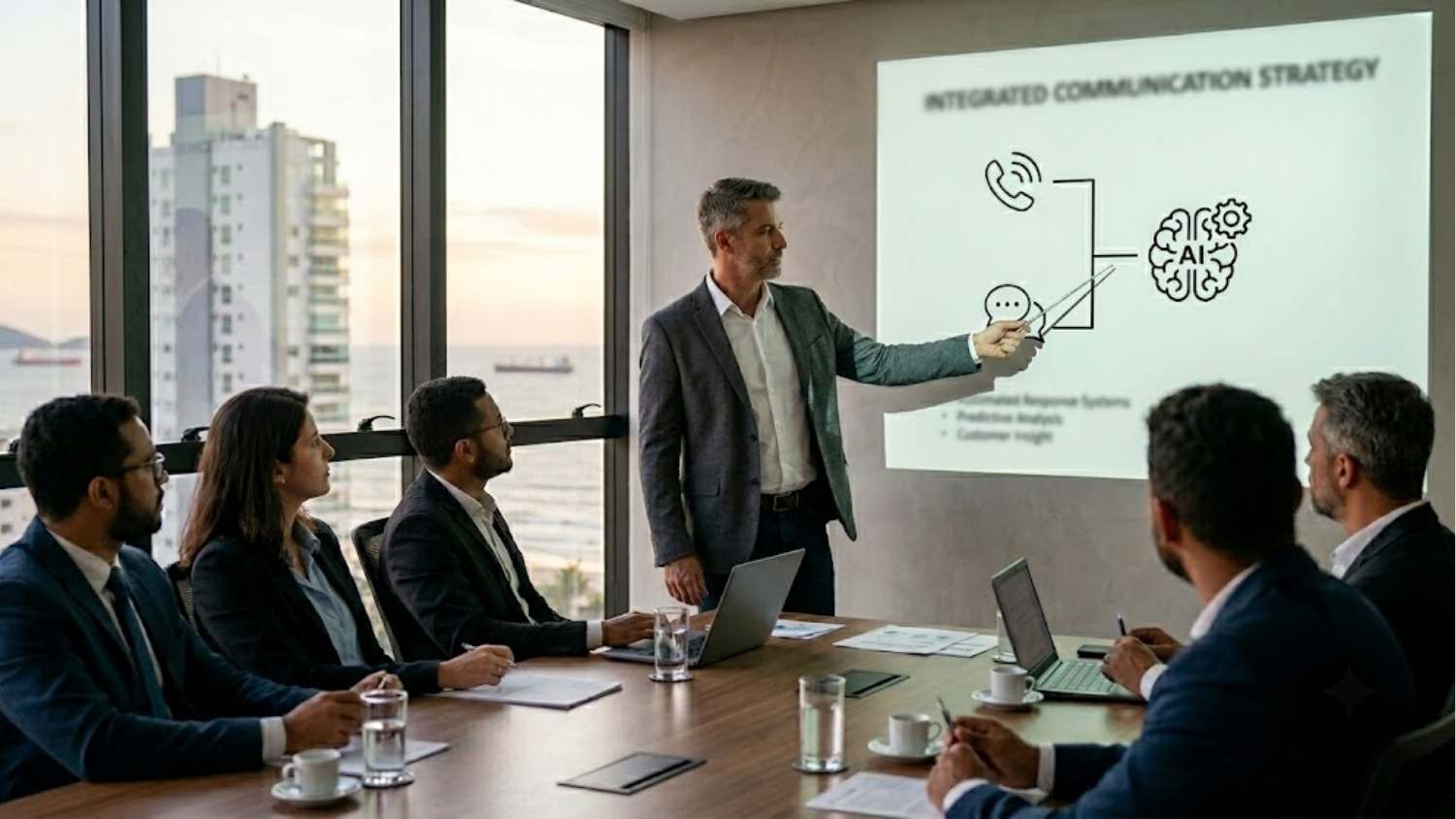 Executivo apresentando a estratégia de integração entre telefonia e WhatsApp utilizando Inteligência Artificial em uma sala de reuniões moderna.